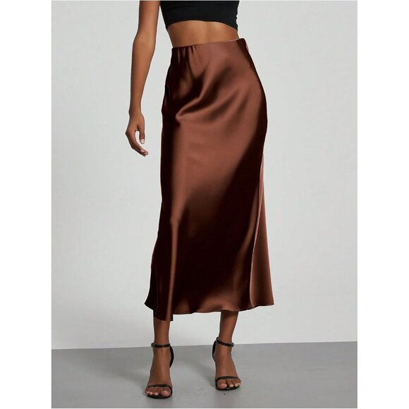 Women Chestnut Brown 100% Polyester Satin A Line Long Elegant Office Maxi Skirts - Picture 3 of 5